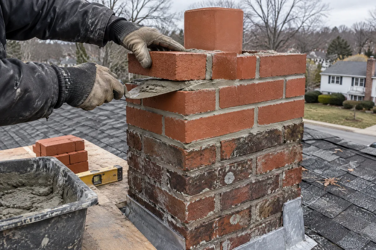 Brick chimney being rebuilt above the roofline with new courses of brick