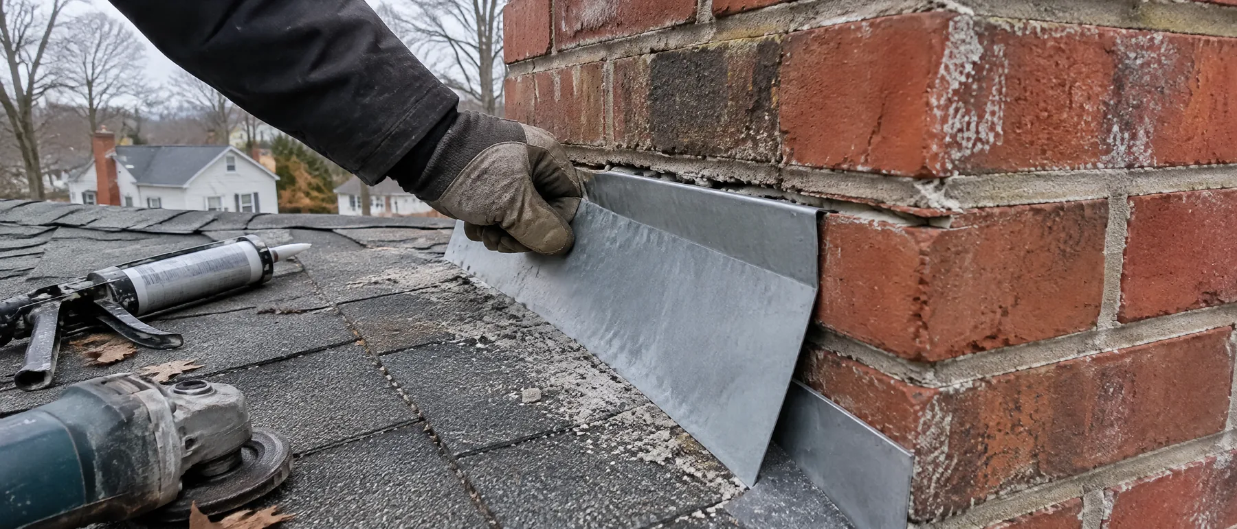 Counter flashing set into the mortar joint of a brick chimney at the roofline