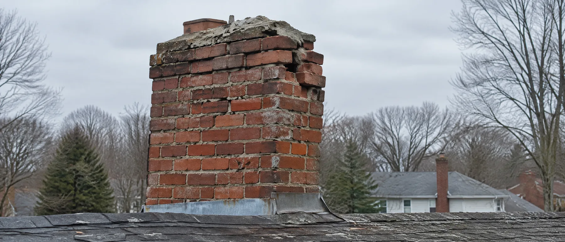 Deteriorated brick chimney with loose bricks and missing mortar above a roof