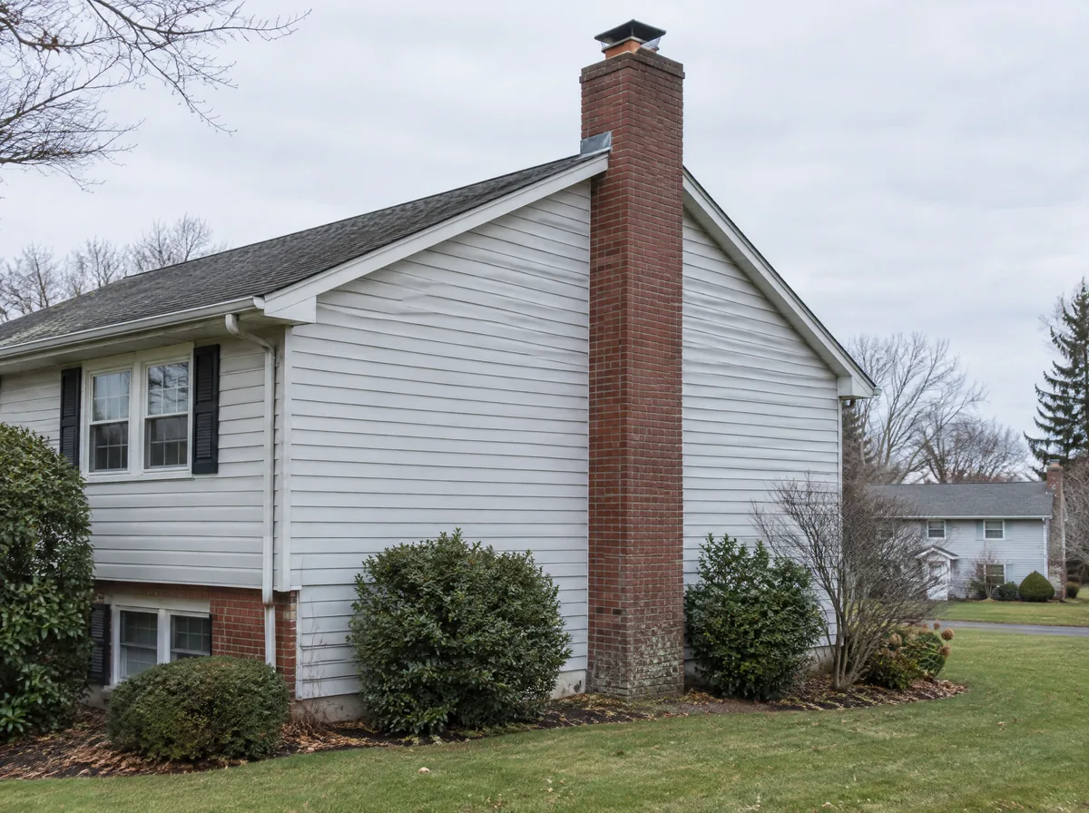 Exterior brick chimney on the side wall of a detached suburban house