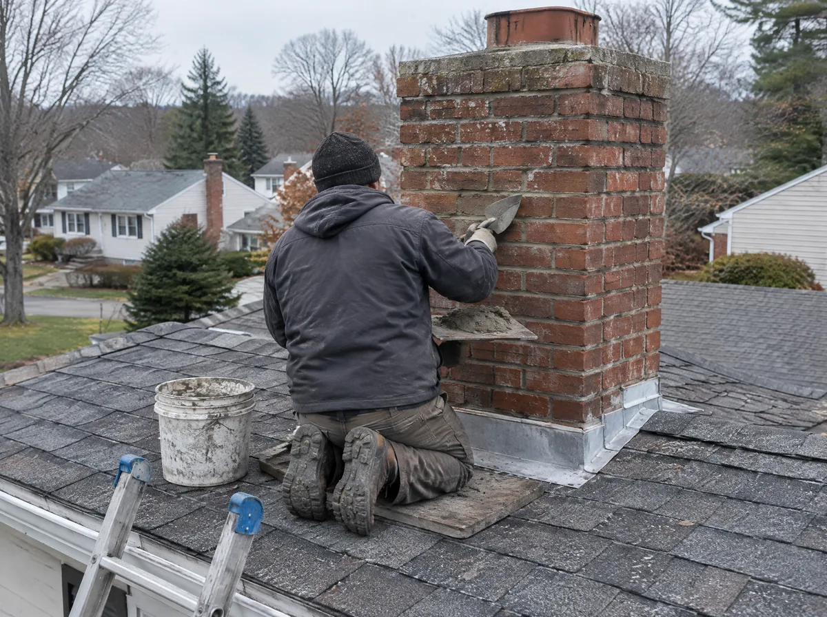 Mason repointing a brick chimney on a suburban home