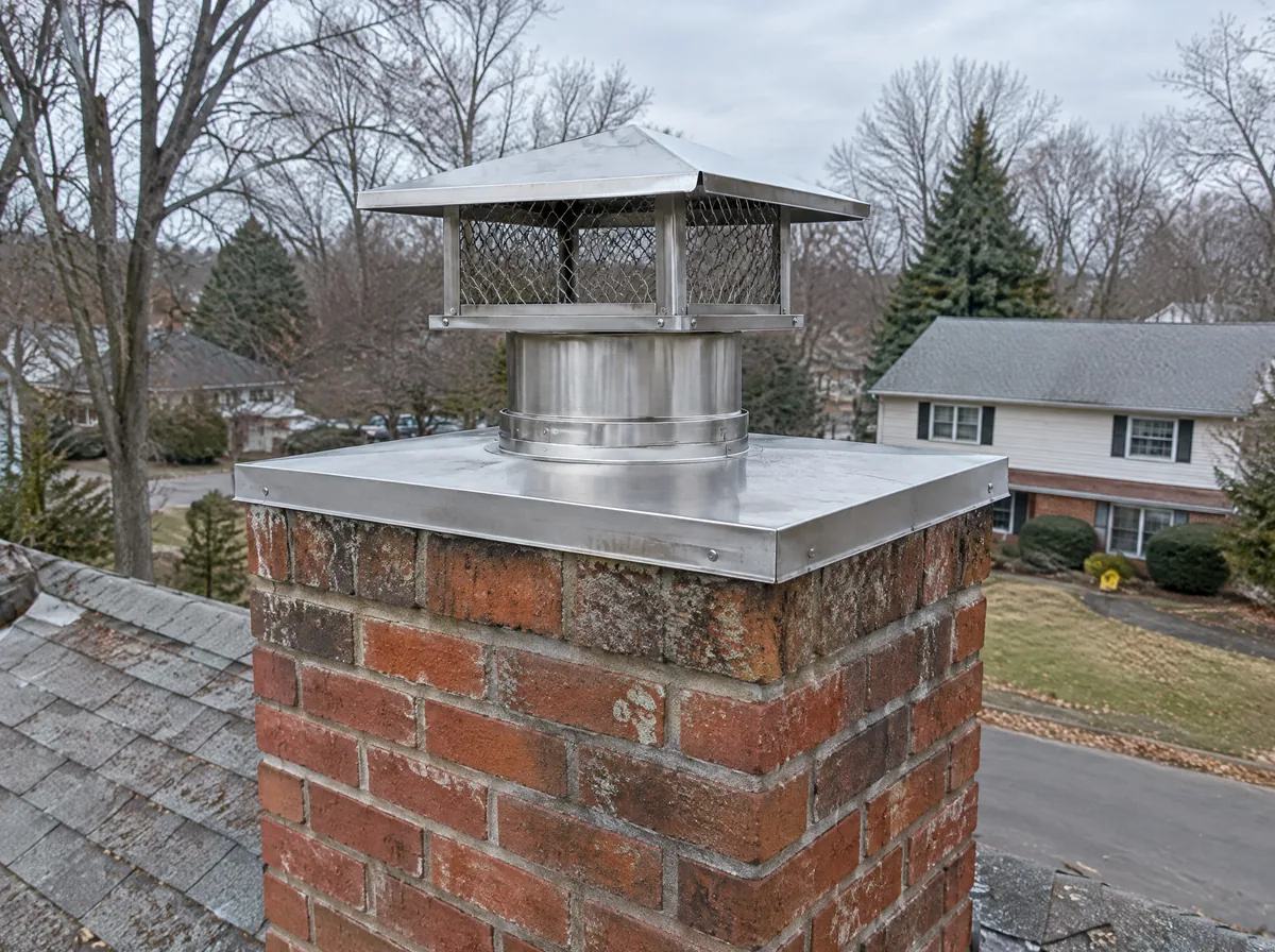 Stainless steel chimney liner at the top of a brick chimney on a suburban home