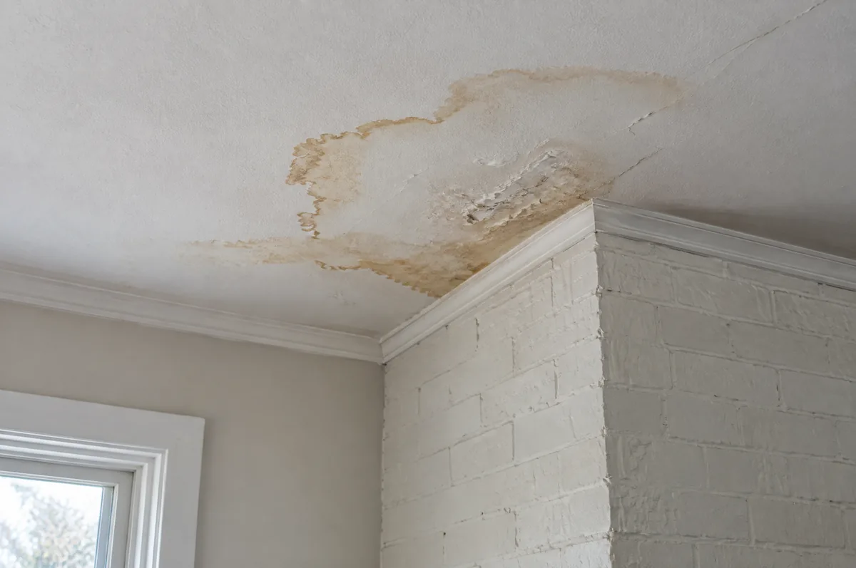 Water stain on a ceiling beside a painted brick chimney breast