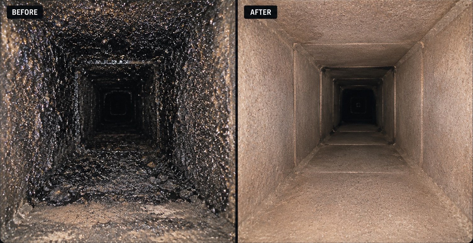 Chimney flue before and after creosote removal on a job in Suffern, NY