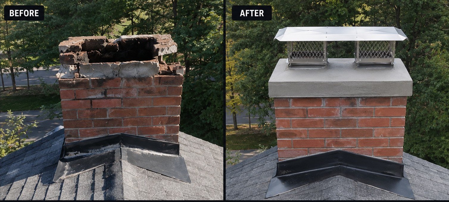 Collapsed chimney crown before repair and a new poured crown with stainless caps after, Spring Valley, NY