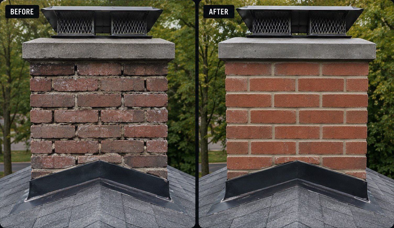 Chimney brickwork before and after repointing on a job in Monsey, NY