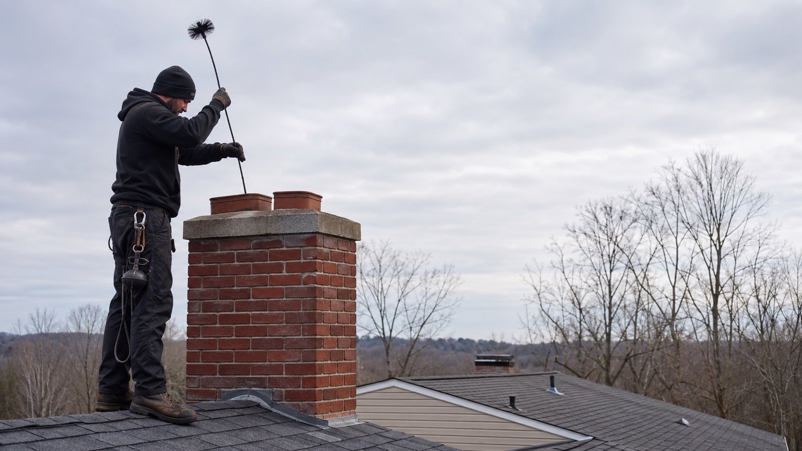 Chimney technician sweeping a brick chimney on a house roof in Ramapo, NY